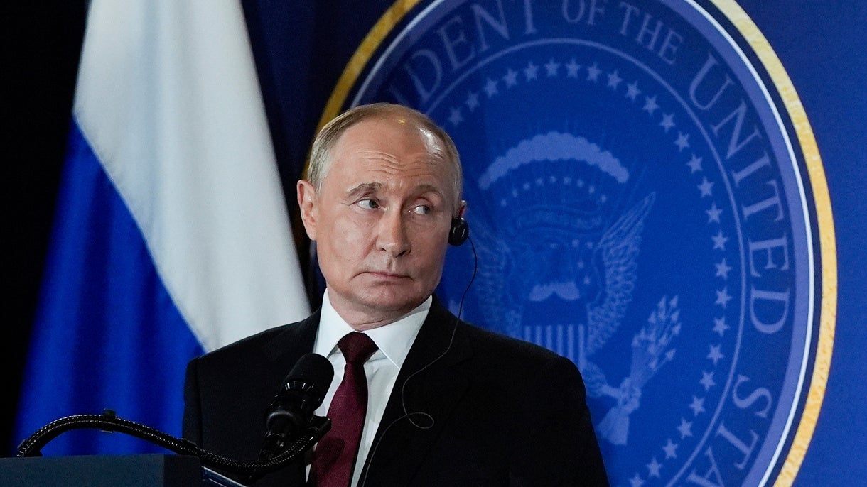 Russia's President Vladimir Putin speaks during a news conference in Alaska