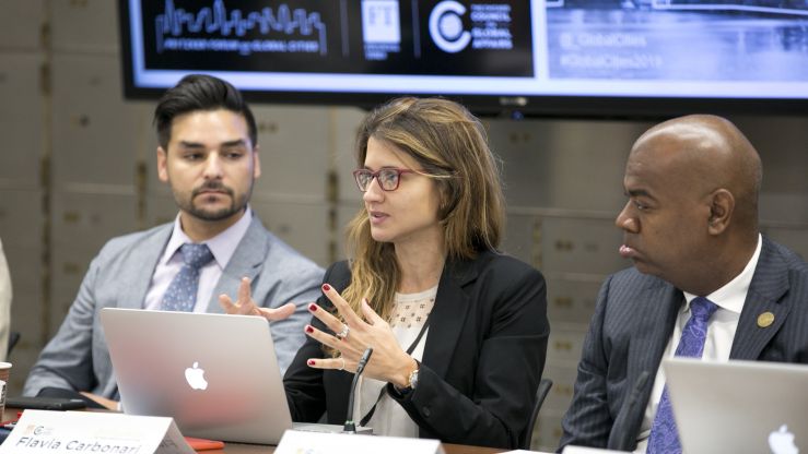 Council expert Flavia Carbonari poses a question during a workshop at the Pritzker Forum on Global Cities.