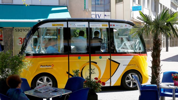 An autonomous vehicle shuttle by Postauto Schweiz in Switzerland
