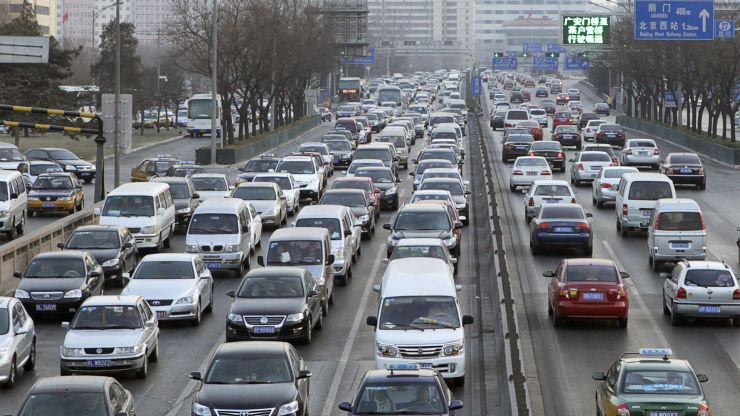 A traffic jam on a busy highway in Beijing, China
