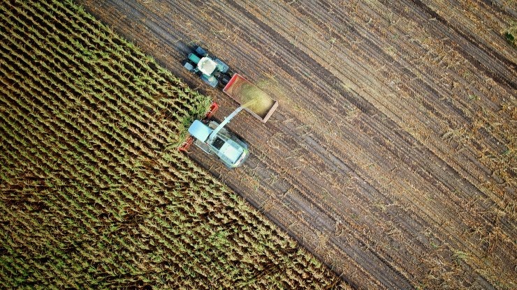 A bird's eye view shows a tractor harvesting crops on a farm.