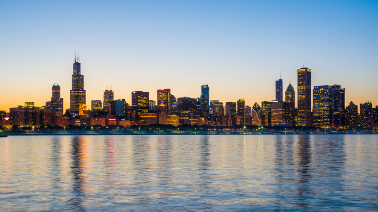 A view of the Chicago skyline at dusk. 