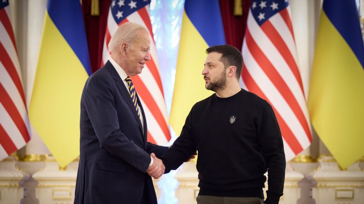 Zelensky and Biden shake hands in Kyiv