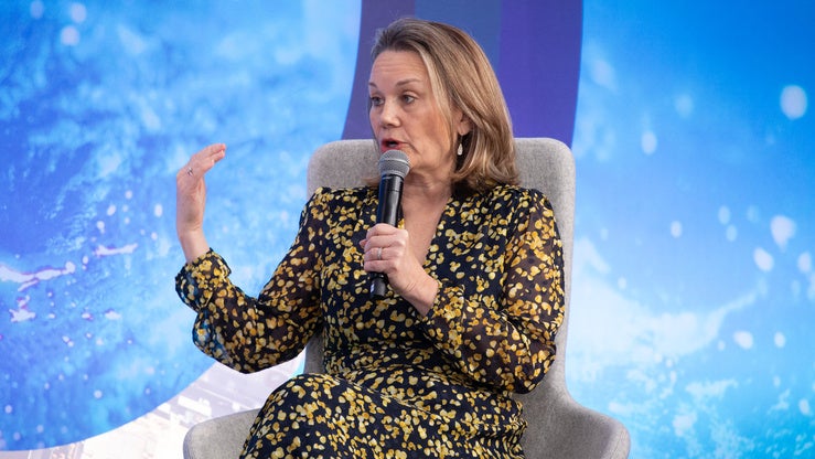 Distinguished Nonresident Fellow Julianne Smith speaking on the Council's stage