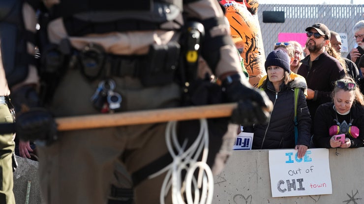 Protesters gather outside an ICE processing facility in the Chicago suburb of Broadview