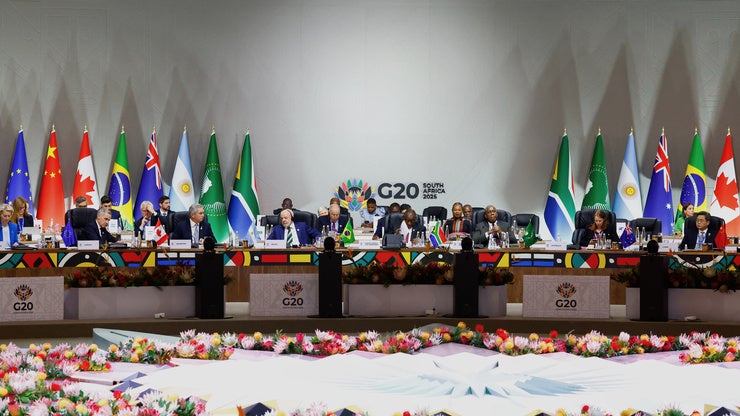Leaders attend a plenary session, on the opening day of the G20 Summit, in Johannesburg, South Africa, Saturday, Nov. 22, 2025