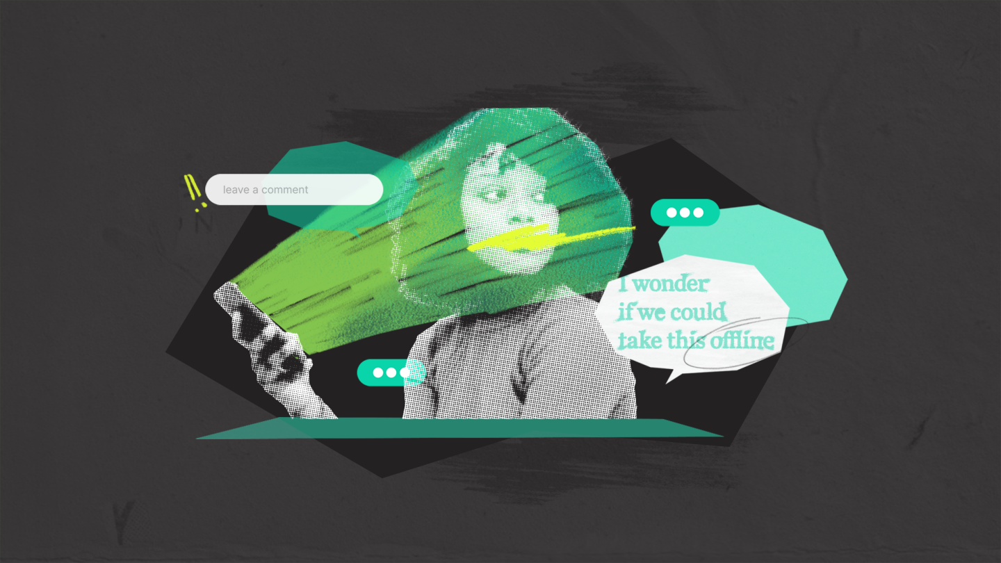 Collage of woman looking away from phone surrounded by speech bubbles