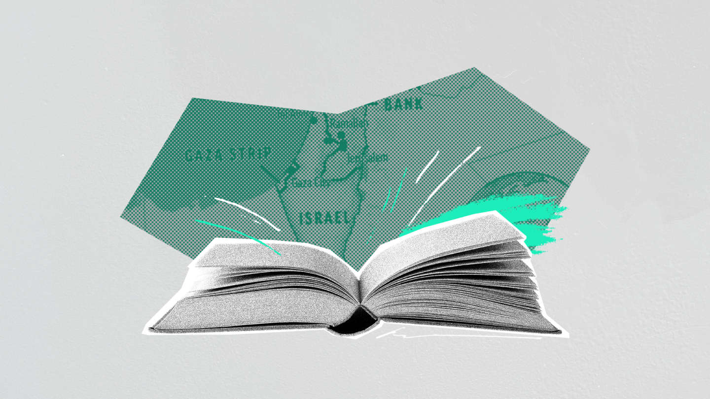An open book in the foreground, with a map of Israel in the background