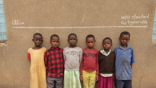 Children in Tanzania stand below a line showing the median height for 9-year-olds globally