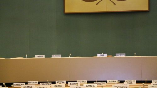 Signs for ambassadors at seats in the United Nations