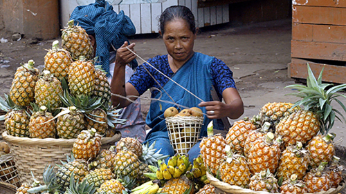 A woman shells pineapples in India