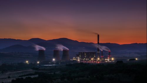 Aerial view of Nuclear energy power station at dusk