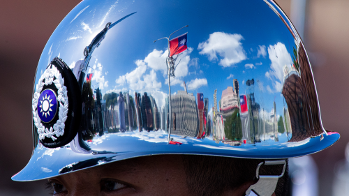 Helmet showing flags and buildings