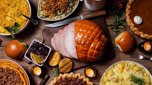 a Thanksgiving meal spread across a table