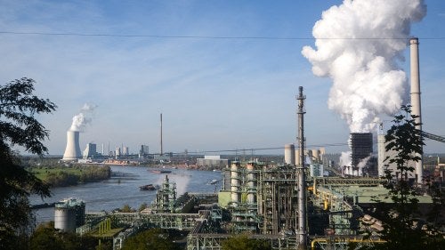 Steam erupts from a coking tower at the Thyssenkrupp steel Europe in Duisburg, Germany 