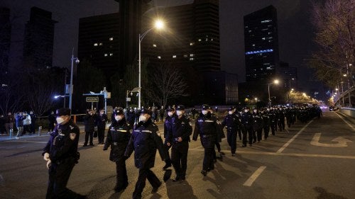 Police at a protest in Beijing. November 2022