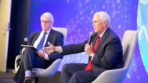 Former Vice President Mike Pence on the Council's stage with Council President Ivo H. Daalder