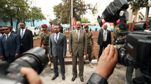 Eritrea's President Isaias Afwerki and Ethiopia's Prime Minister, Abiy Ahmed, at a ceremony marking the reopening of the Eritrean Embassy in Addis Ababa, Ethiopia 