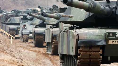 VLC1 - M1A1 Abrams tanks line up during a training exercise