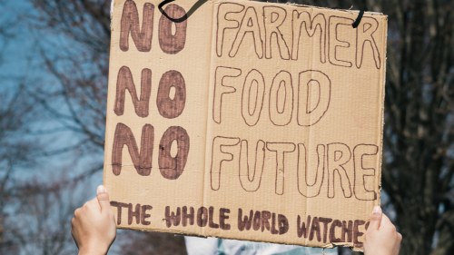 A woman holds up a sign at a protest that says, "no farmer, no food, no future; the whole world watches."