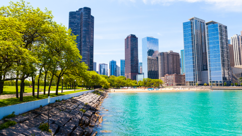 A Chicago park beach with the skyline in the background.