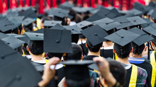 A back view of graduates during a graduation ceremony.