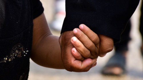 Adult and child hands holding, both in dark shirts. 