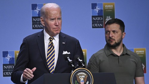 US President Joe Biden, left, speaks at an event with G7 leaders and Ukrainian President Volodymyr Zelensky