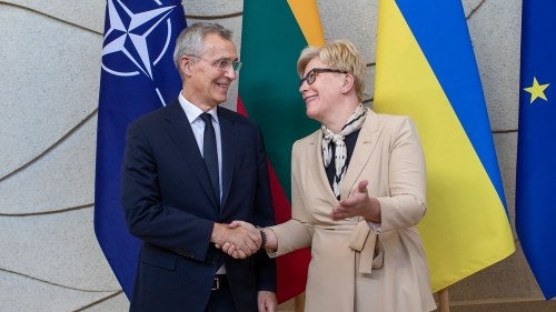 Lithuania's Prime Minister Ingrida Simonyte and NATO Secretary General Jens Stoltenberg shaking hands