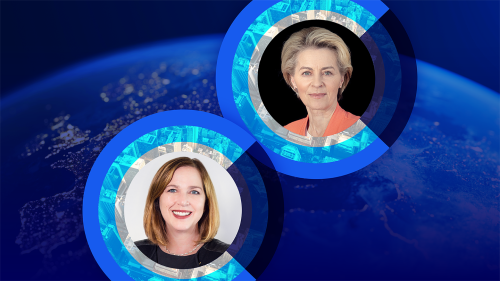 A graphic featuring headshots of Ursula von der Leyen and Jennifer Scanlon in front of a photo of the Earth from space.