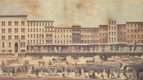 Lithograph of raising of a block of brick buildings on Lake Street, Chicago