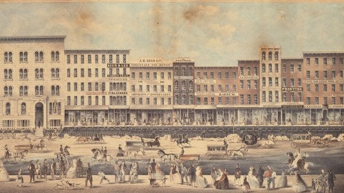 Lithograph of raising of a block of brick buildings on Lake Street, Chicago