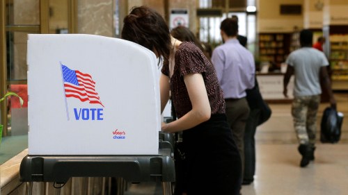 a person stands at a voting booth