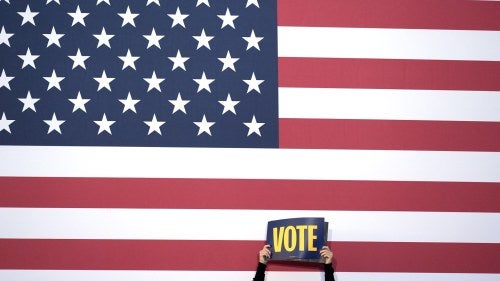 a person hold a sign that says vote in front of the American flag