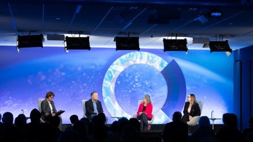 Speakers on stage. From left to right: Olga Kamenchuk, Konstantin Sonin, Dina Smeltz, Natalia Pelevina