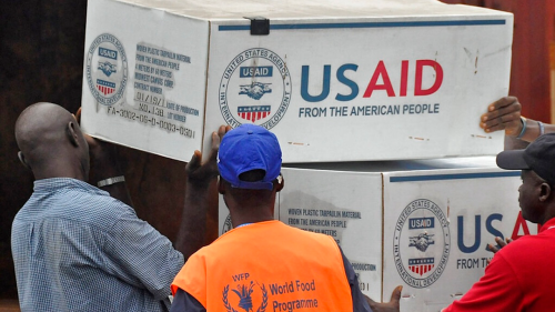 American Aid goods are loaded onto a truck to be used against the Ebola virus in Monrovia, Liberia on August 24, 2014.