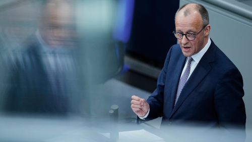 German opposition leader and Christian Democratic Union party chairman Friedrich Merz speaks in the German Parliament Bundestag in Berlin, Germany on March 18, 2025.