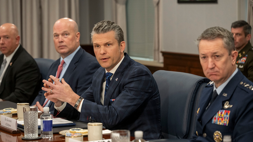 Defense Secretary Pete Hegseth (center) speaks during a Pentagon meeting on April 24, 2025.