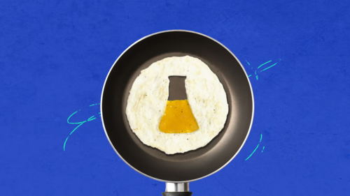 An illustration of an egg shaped like a beaker in a frying pan