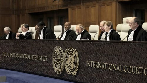 Judges preside over the opening of the hearings at the International Court of Justice in The Hague, Netherlands
