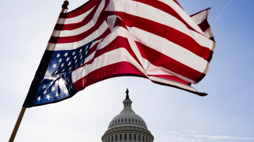 A protester waves an upside down American flag in front of the Capitol on March 4, 2025.