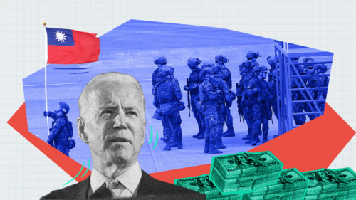 A photo collage of Joe Biden, U.S. soldiers, and the flag of Taiwan
