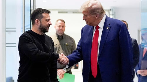 President Donald Trump and Ukraine's President Volodymyr Zelenskyy shake hands