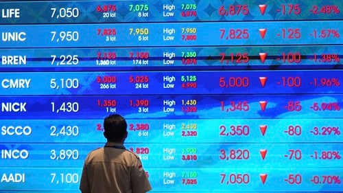 A man watches stock prices displayed on an electronic board at the Indonesia Stock Exchange in Jakarta, Indonesia on August 7, 2025.
