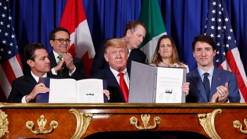 President Donald Trump, Justin Trudeau and Enrique Pena Nieto sign the USMCA