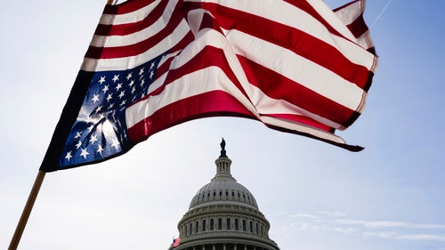 A protester waves an upside down American flag in front of the Capitol