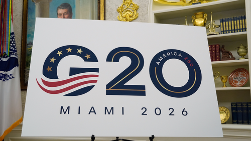Promotional sign for G20 in Miami in 2026.