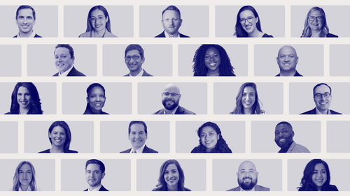 headshots of emerging leaders participants in squares on a blue background
