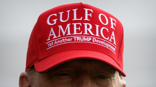  President Donald Trump wears a hat with the slogan Gulf of America