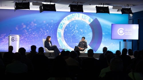 Leslie Vinjamuri and Samir Saran on the Council stage.